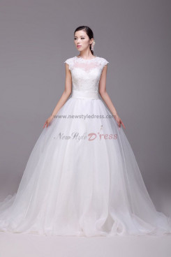 Cheap Princess Jewel lace Chapel Train Button Wedding Dresses nw-0173