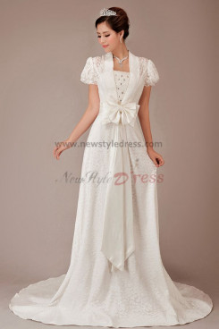 Classic puff sleeve Short Sleeves Appliques 20 Inch Train wedding dresses Waist With a bow nw-0147