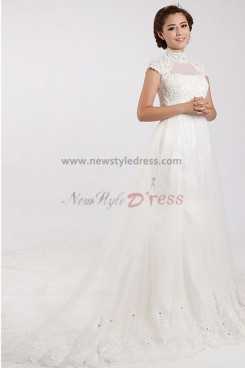 Lace High A-Line Classic Short Sleeves Court Train Appliques/Chest Wedding Dresses nw-0096