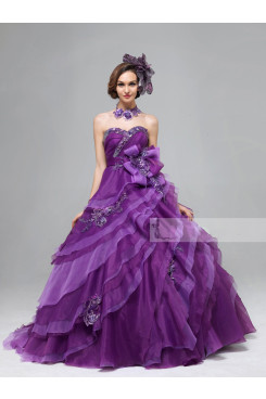 New Arrival Grape Glass Drill Ruched Sweep Train Sweetheart Tiered Quinceanera Dresses nq-014
