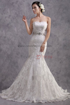 Strapless Mermaid lace Sweep Train wedding dresses with Glass Drill Sashes nw-0180