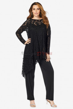 Asymmetric Black Lace Mother of the Bride Pant Suits, Stretchy Waist Trousers Women's Outfits mos-0021-1