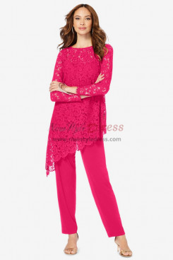 Asymmetric Rose Red Lace Mother of the Bride Pant Suits, Stretchy Waist Trousers Women's Outfits mos-0021-3