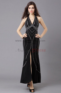 black Halter Split Front Hand Beading Discount prom dresses np-0273
