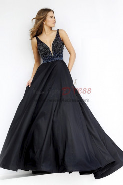 Black Deep V-Neck Prom Dresses, Gorgeous Chest Appliques Wedding Party Dresses pds-0065