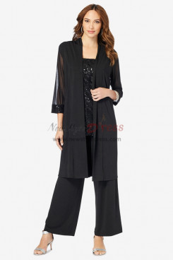 Black Mother of the Bride Pant Suits, 3 PC Loose Stretchy Waist Trousers Women's Outfits with Blouse mos-0025-1