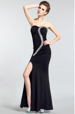 black Tight Satin Strapless Chest With beading Sexy Simple evening gown np-0297