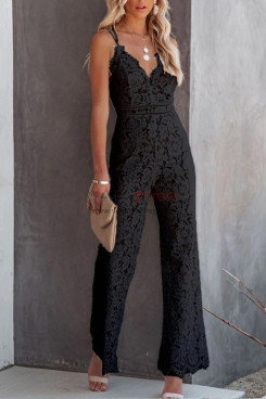 Black Women's Casual Lace Solid Skinny Jumpsuit, Spaghetti Wedding Guest Jumpsuit pjs-0001-2
