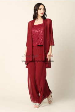 Burgundy Chiffon Wide Mother of the Bride Pant suits Dresses with Sequins nmo-993-3