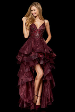 Burgundy High-low Ruffles Multilayer Spaghetti Evening Dresses, Front Short Long Back Sweetheart Wedding Party Dresses pds-0088