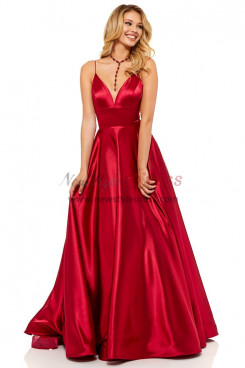 Burgundy Spaghetti A-Line Prom Dresses, Wine Charming Tight Satin Wedding Party Dresses pds-0052-1