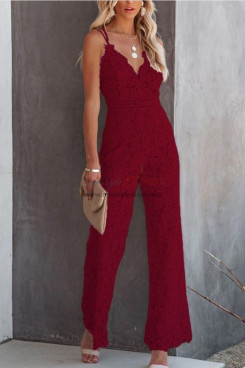 Burgundy Women's Casual Lace Solid Skinny Jumpsuit, Spaghetti Wedding Guest Jumpsuit pjs-0001-3