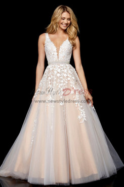 Champagne Lace A-Line V-Neck Prom Dresses, Classic Empire  Wedding Party Dresses with Hand Beading Belt pds-0074-1