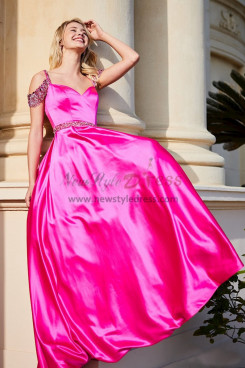 Charming Off the Shoulder A-Line Prom Dresses, Gorgeous Fuchsia Hand Beading Sweetheart Wedding Party Dresses pds-0087-5