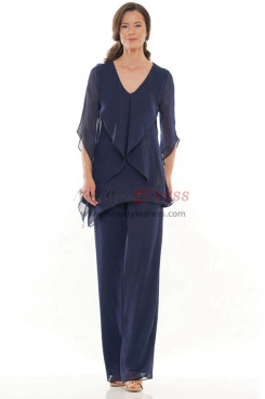 Dark Blue Chiffon Fashion Mother of the Bride Pant Suit,Two Piece Half Sleeves Women's Pant Suits mos-0013-1