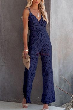Dark Blue Women's Casual Lace Solid Skinny Jumpsuit, Spaghetti Wedding Guest Jumpsuit pjs-0001-1