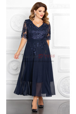 Dark Navy Ankle-Length A-Line Mother of the Bride Dresses,Half Sleeves Modern Wedding Guest Dresses nmo-1037