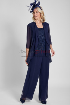 Dark Navy Elegant Mother of the Bride Chiffon Pant Suits Three Piece Women's Outfits mos-0027-2