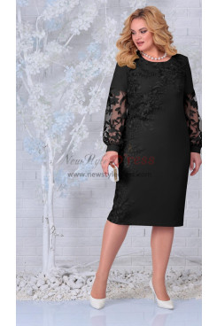Elegant Black Lace Flower Mid-Calf-Length Mother of the Bride Dresses, Plus Size Long Sleeves Women's Dresses mds-0045-1