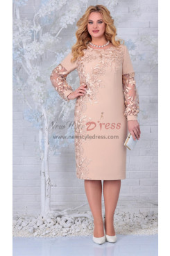 Elegant Champagne Lace Flower Mid-Calf-Length Mother of the Bride Dresses, Plus Size Long Sleeves Women's Dresses mds-0045-2