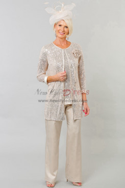 Elegant Champagne Sequins Mother of the Bride Pant Suits,3 Piece Satin Women's Pantsuits with Jacket mos-0028