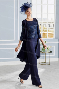 Dark Navy Mother of the bride Trousers set 3PC delicate beaded pants suits nmo-685