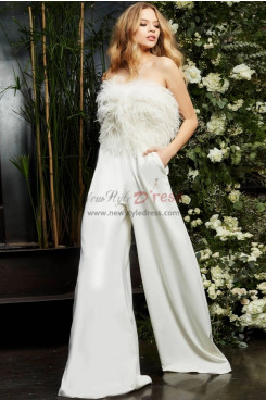 White Feathers Strapless Wide Wedding Jumpsuits Modern Bridal Pantsuits Sposa Tuta Pantalone wps-305