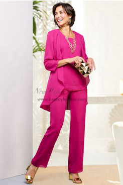 Fuchsia 3 Piece Chiffon Mother of the Bride Pant suit, Elastic Pants Women's Outfits mos-0011-2