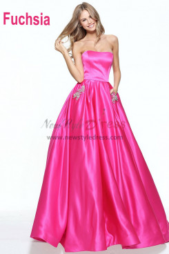 Fuchsia Strapless Tight Satin Evening Dresses, Gorgeous A-Line Wedding Party Dresses with Pockets pds-0082-1