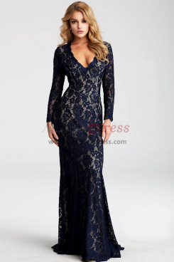 Gorgeous Dark Navy Lace Prom Dresses, Long Sleeves Sweetheart Wedding Party Dresses pds-0068