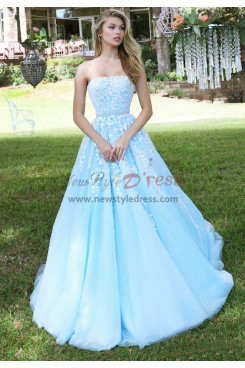 Gorgeous Strapless Sky Blue Lace Evening Dresses, Beaded Belt A-Line Wedding Party Dresses pds-0070-2