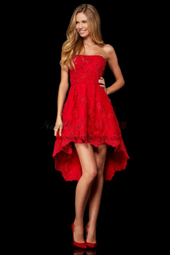 High-low Strapless Prom Dresses, Front Short Long Back Red Wedding Party Dresses pds-0040