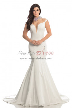 Ivory Deep V-Neck Mermaid Prom Dresses, Off the Shoulder Wedding Party Dresses pds-0048