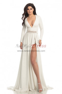 Ivory Deep V-Neck Sexy Evening Dresses, Long Sleeves Slit Wedding Party Dresses pds-0047-1