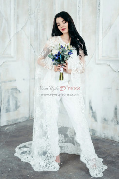 Lace Cape Bridal Jumpsuit, Wedding Jumpsuit, Unique Wedding Dress, Lace Cloak, Simple Wedding Dresses bjp-0005
