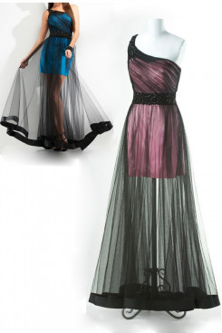 Dark Green or Pink Surface layer black tulle One Shoulder prom dresses np-0155