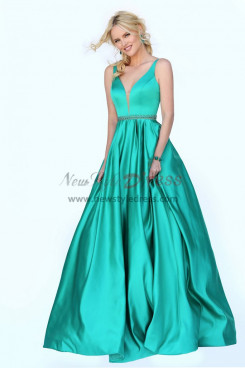 Turquoise A-Line Deep V-Neck Prom Dresses, Classic Hand Beading Belt Wedding Party Dresses pds-0073-1