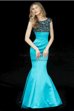 Light Blue Gorgeous Sheath Cap Sleeves Prom Dresses, Glamorous Chest Appliques Mermaid Wedding Party Dresses pds-0076-1