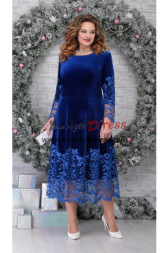 Modern Royal Blue Velvet Women's dress, Mid-Calf Mother Of The Bride Dresses, Kleider für die Brautmutter nmo-894-6