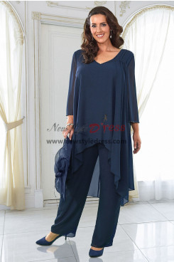 Navy Chiffon Flowy Two Pieces  Pearl Embellished  Mother of the Bride Pant Suits nmo-998