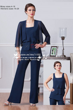 New arrival mother of the bride pant suit dark blue chiffon three piece Trousers dress Customize nmo-252