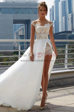 Off Shoulder Lace Beach wedding Jumpsuits Suits, Sexy Side Slit A-line Bridal Dresses bjp-0066