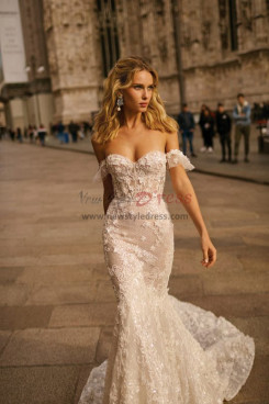 Off the Shoulder mermaid wedding dresses, lace bride Dresses with chapel train bds-0014