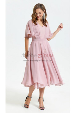 Pearl Pink Chiffon Mother Wedding Guest Dresses, Modern Mid-Calf-Length Women's Dress mds-0036-1