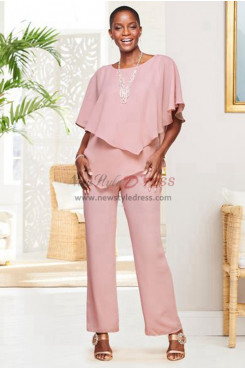 Pink Chiffon Loose Mother of the Bride Pant Suits, Elastic Waist Trousers Women's Outfits mos-0015-2