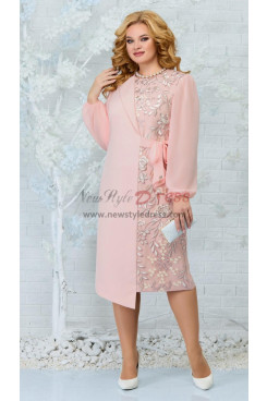 Pink Fashion Long Sleeves Mother of the Bride Dresses, Mid-Calf Women's Dresses With Bow mds-0024-6