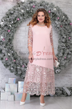 Pink Lace Half Sleeves Mother of the Bride Dresses, Elegant Ankle-Length Women's Dresses mds-0049-2