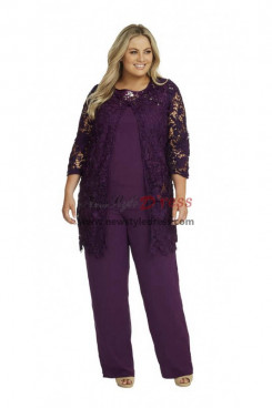 3 Pieces Plus Size Mother of the Bride Pant Suits with Lace Jacket Purple Women Outfits nmo-1007