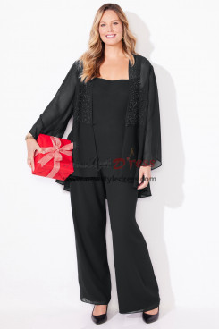 Plus Size Black Chiffon Pant Suits for Mother of the Bride with Jacket nmo-999-1