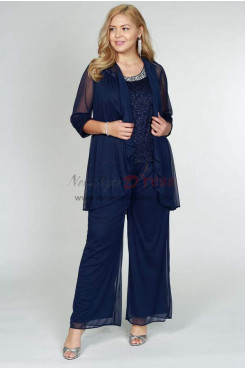 Plus Size Dark Navy Chiffon Trousers Outfit for Women Mother of the Bride Pantsuit nmo-843-2
